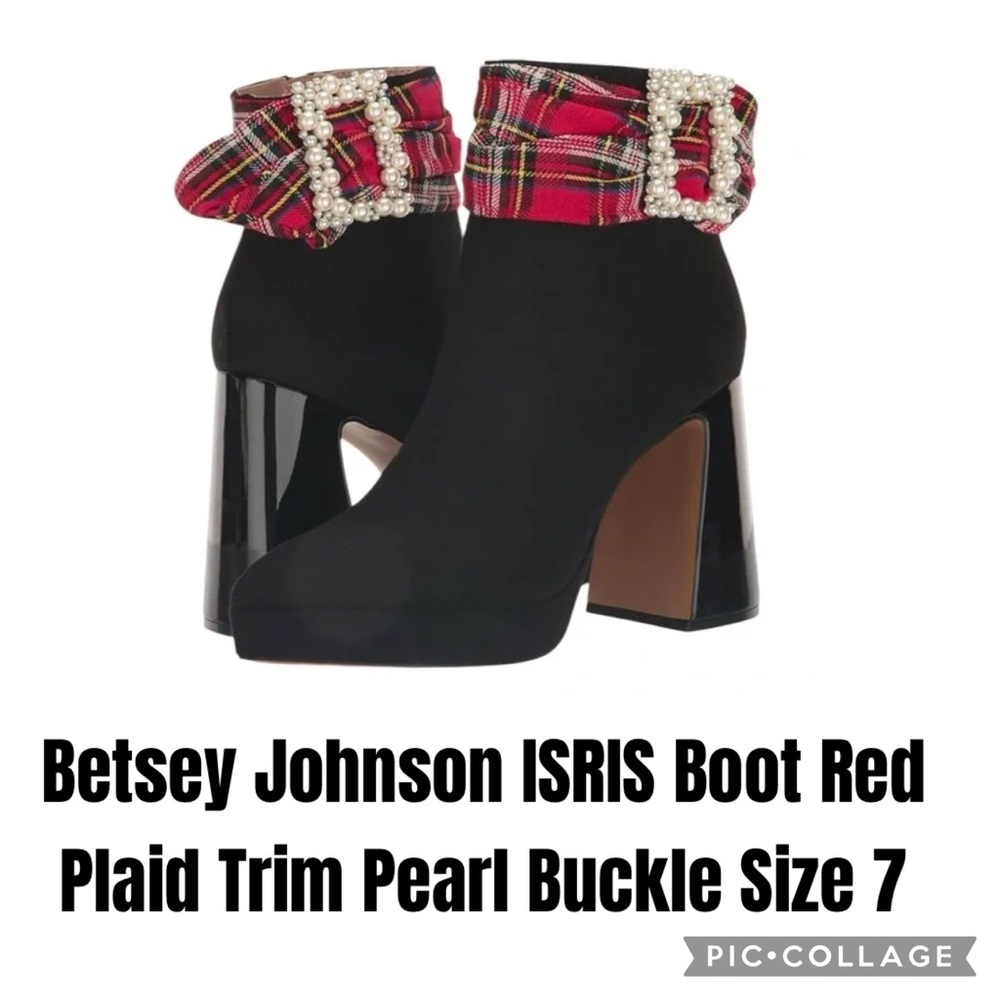 Betsey Johnson ISRIS Boot Red Plaid Trim Pearl Buckle Size 7